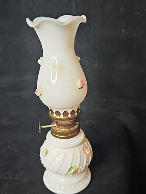 Vintage-Style White Milk Glass Table Lamp with Pink Rose Accents
